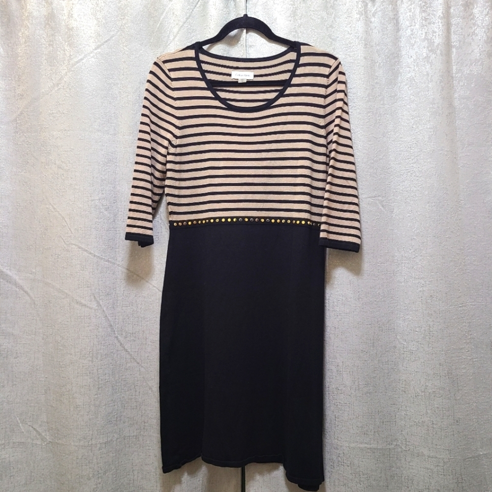 Calvin Klein Sweater Dress Women's M Black Beige Knit Stripe‎ Classic